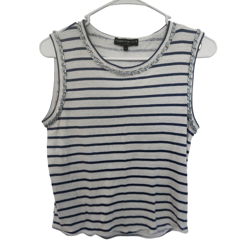 Generation Love XS Navy White Striped Linen Blend‎ Tank Top Silver Chain Trim